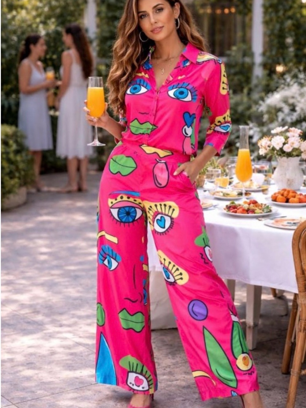 Bright Pink Graphic Print Pants Set